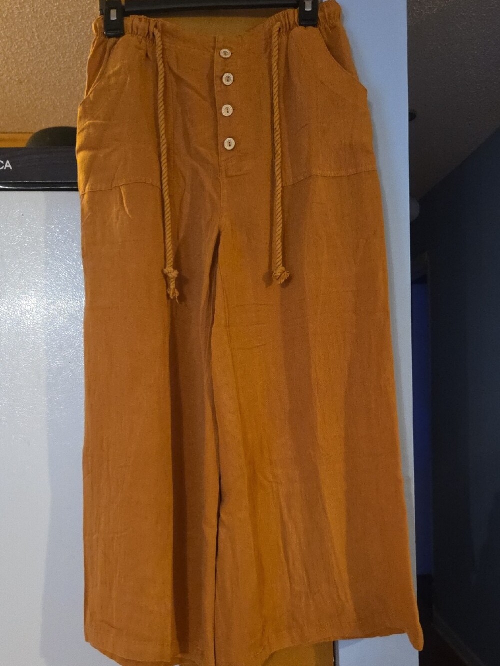 Umgee Mustard rope drawstring Wide Leg Button Front Pants